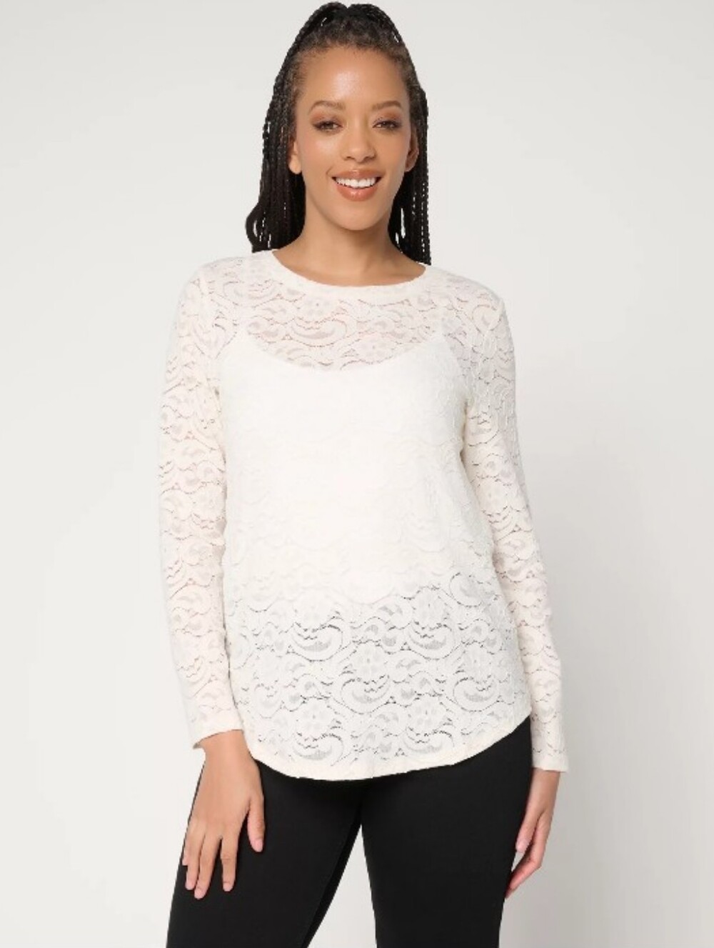 LOGO Layers by Lori Goldstein Floral Lace Curved Hem Top- S